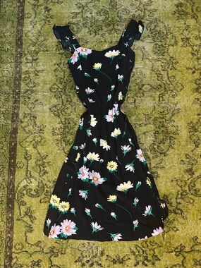 LOFT Black Midi Dress with Pink & Yellow Floral Print